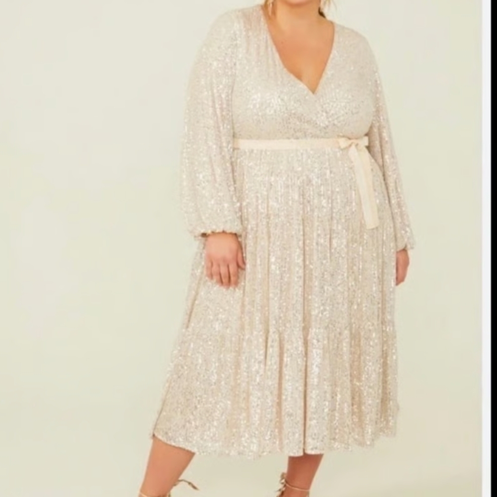 ARULA Pink and Gold Sequin Wrap Dress with Bishop Sleeves